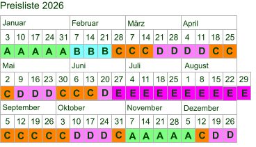 Preisliste 2026  Januar Februar März April Mai Juni Juli August September Oktober November Dezember A A B D C D C C C C A A A A A C E E E E E E E 2 9 16 23 30 6 13 20 27 4 11 18 25 1 8 15 5 12 19 26 3 10 17 24 31 7 14 21 28 5 12 19 26 A D 3 17 24 31 7 14 21 28 7 14 21 28 4 11 18 25 C C D C E 22 10 C B C C D D D D A D D C D C E C D D A B 29 E C