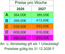 A B C D E 364,00€ 399,00€ 539,00€ 616,00€ 686,00€ Preisliste gültig bis 31.12.2026 !! An- u. Abreisetag gilt als 1 Urlaubstag!  Preise pro Woche 2026 2027 609,00€ 385,00€ 413,00€ 553,00€ 693,00€